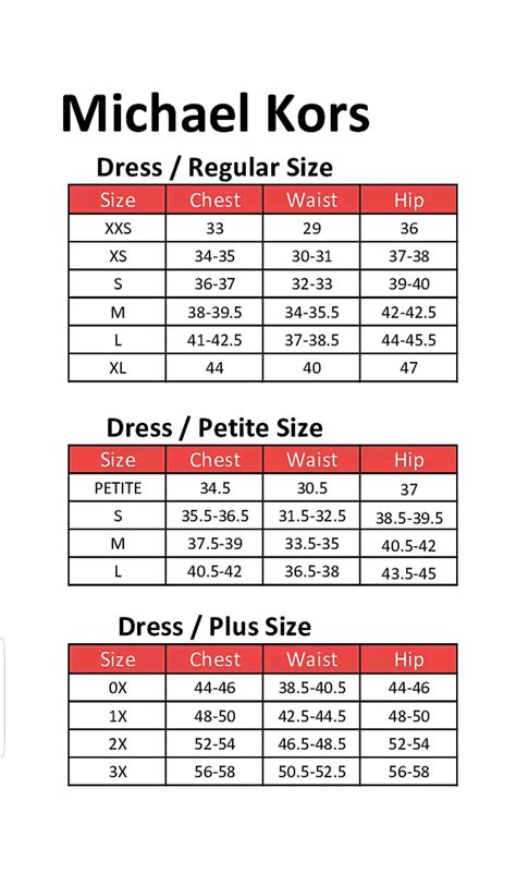 michael kors sizes chart.